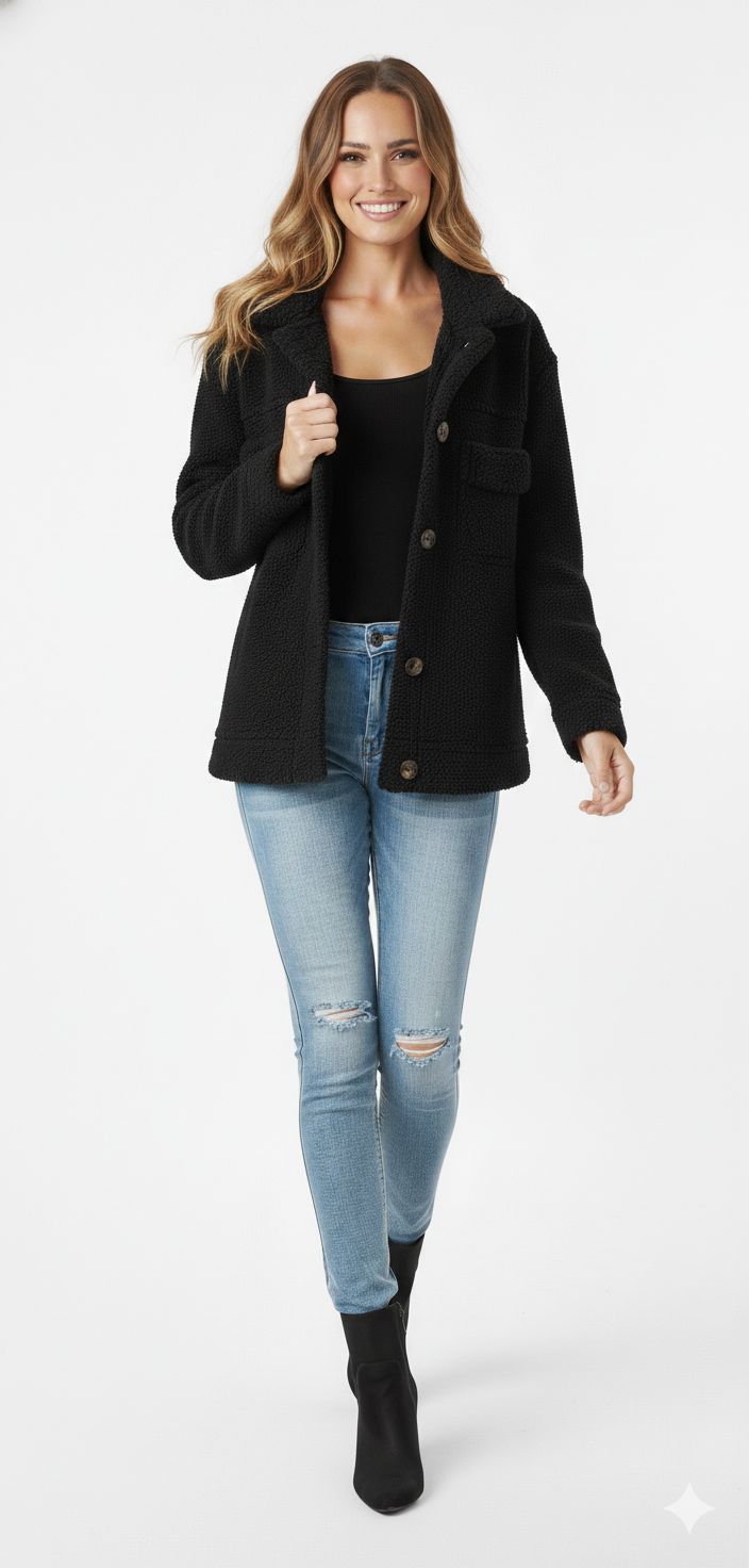 Casaco de Lã de Cordeiro com Lapela e Abotoamento Único para Mulheres