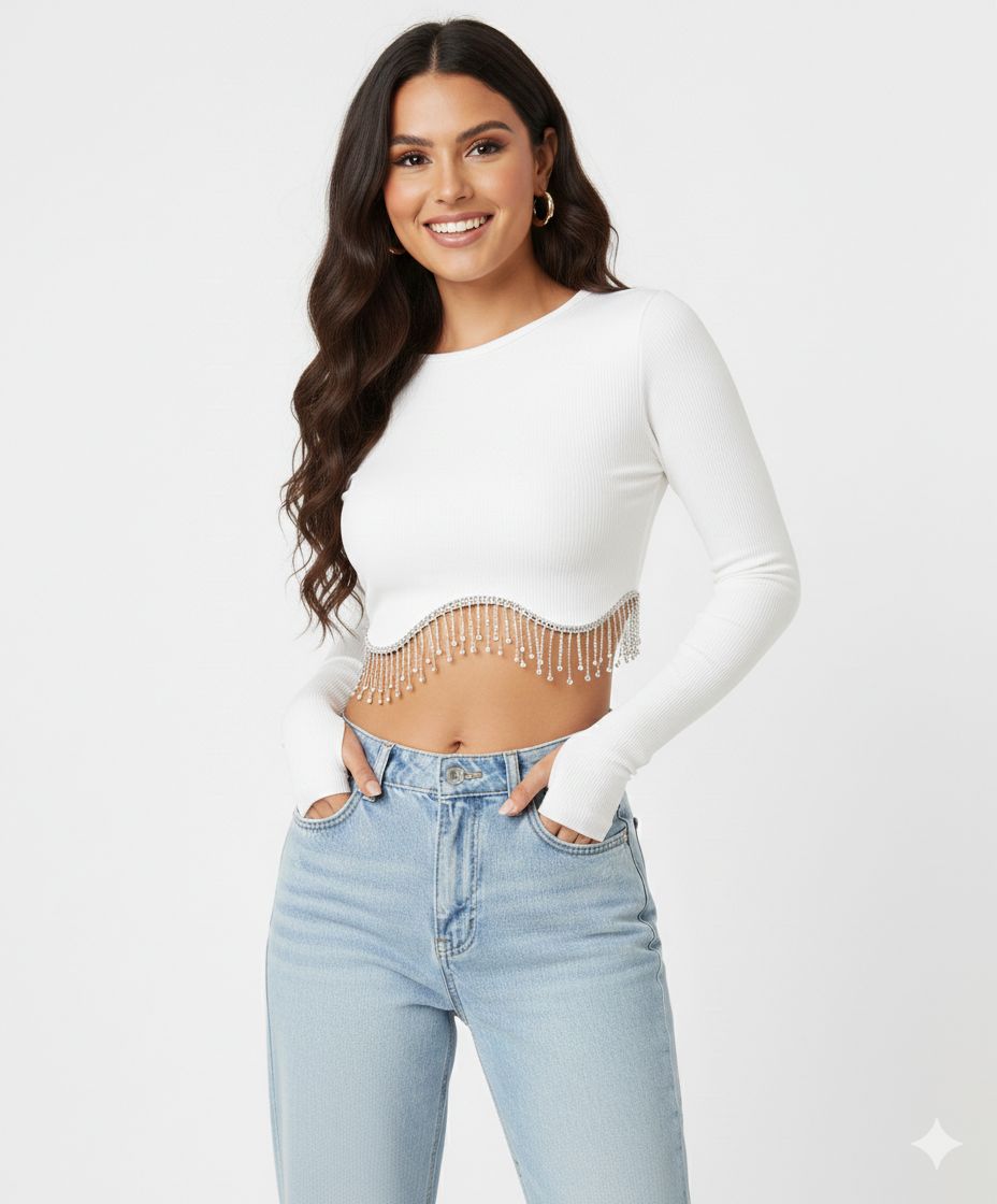 Fashionable Long Sleeve Rhinestone Crop Top for Women