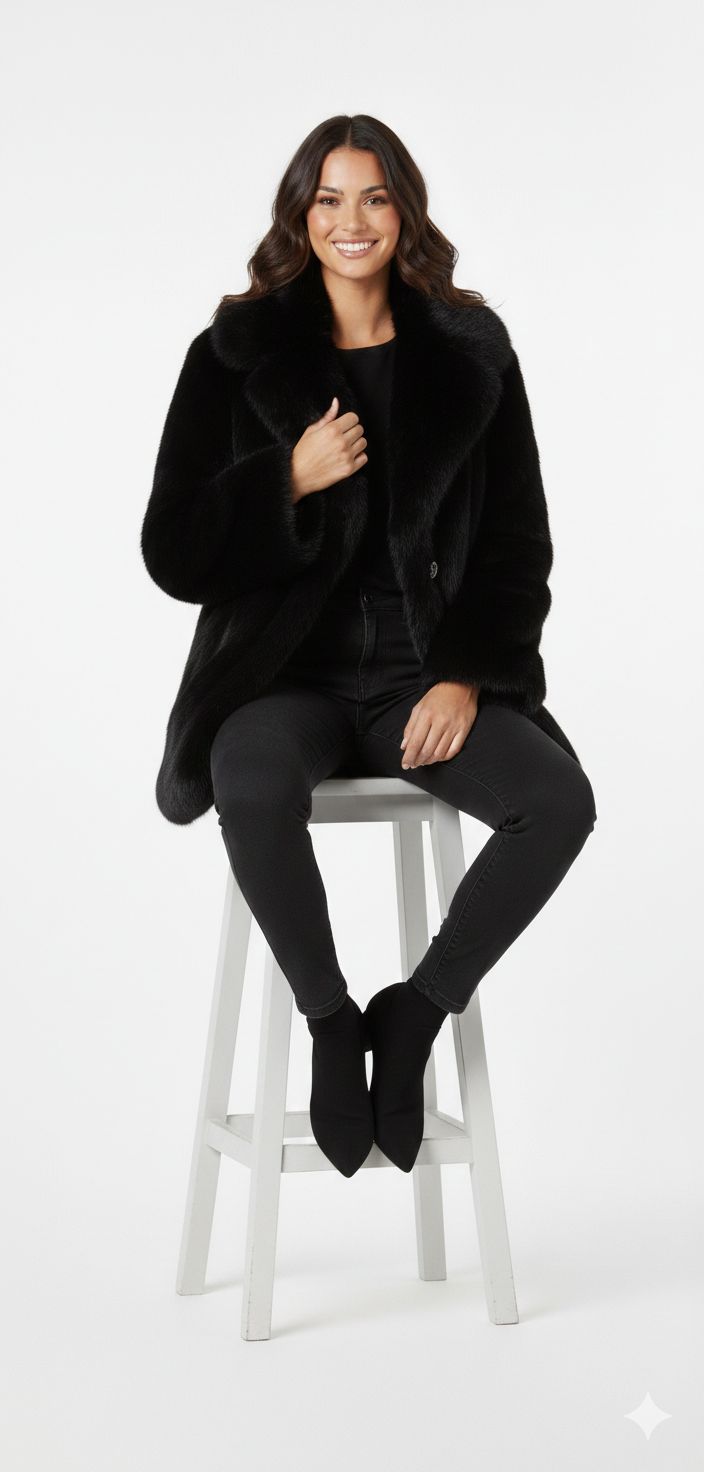 Casaco de Couro Feminino com Gola e Forro de Lã Artificial