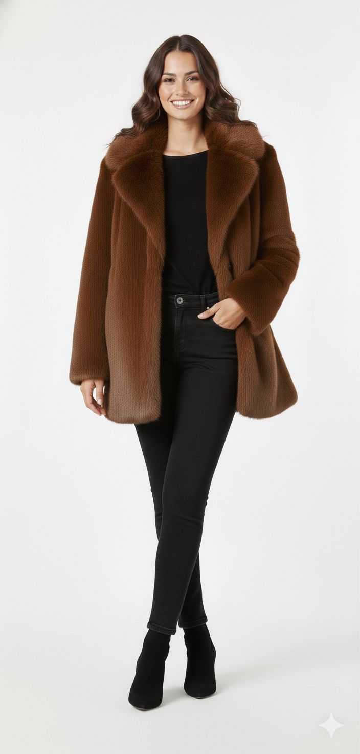 Casaco de Couro Feminino com Gola e Forro de Lã Artificial