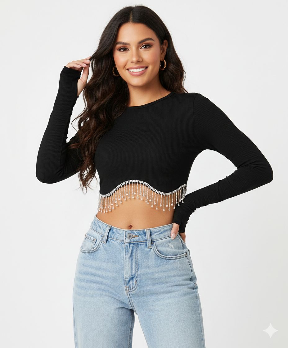 Fashionable Long Sleeve Rhinestone Crop Top for Women