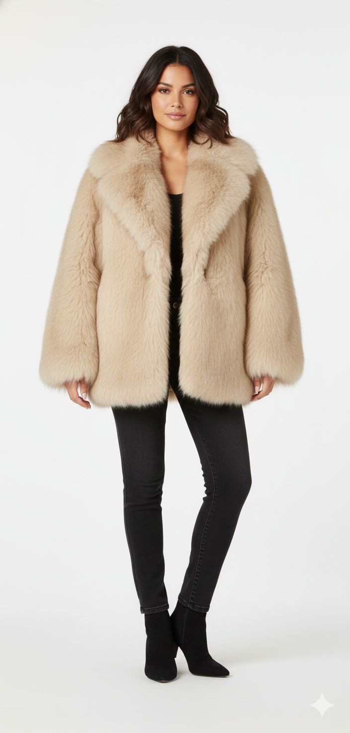 Casaco de Couro Feminino com Gola e Forro de Lã Artificial