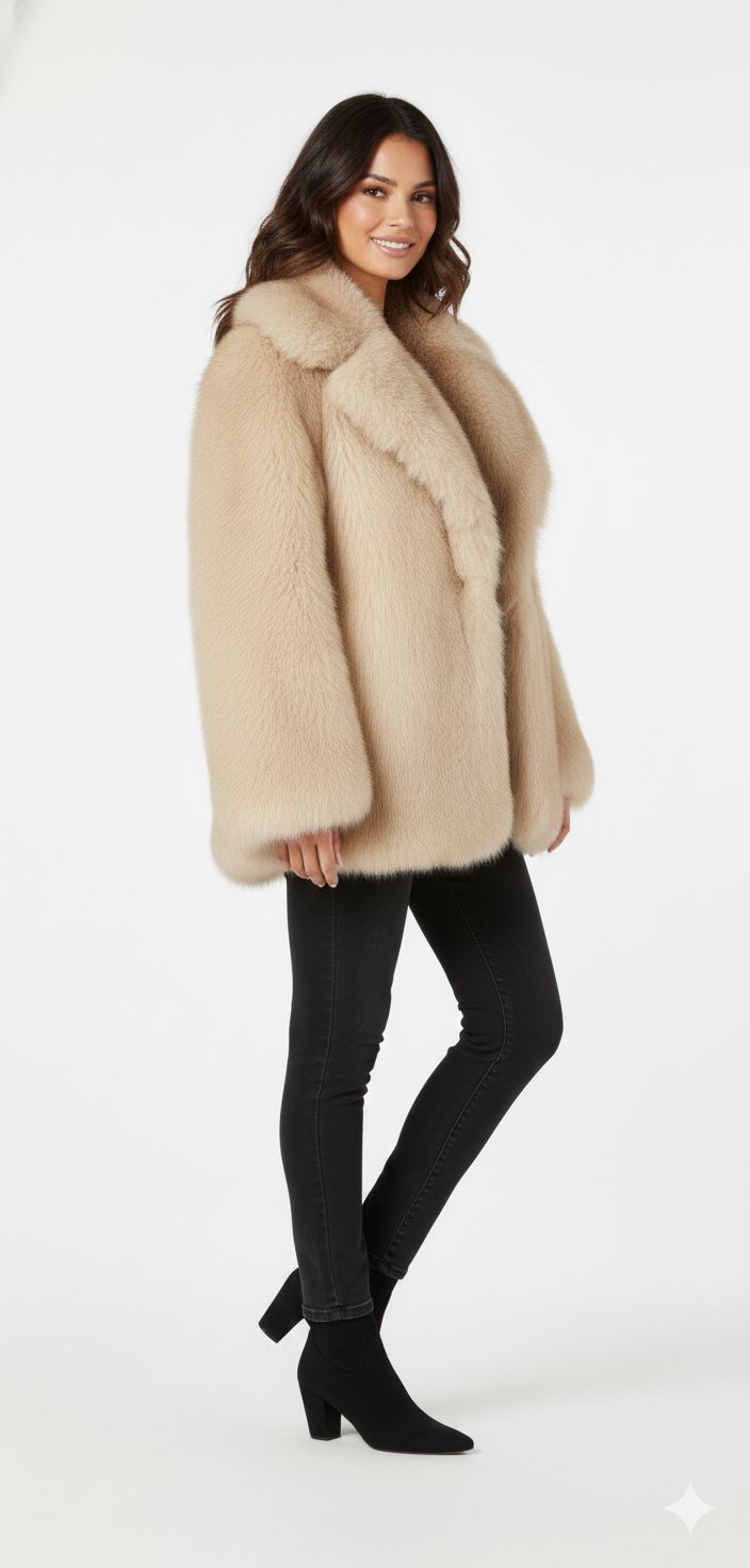 Casaco de Couro Feminino com Gola e Forro de Lã Artificial