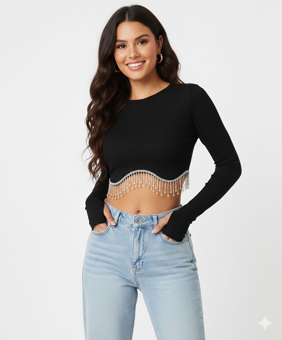 Fashionable Long Sleeve Rhinestone Crop Top for Women