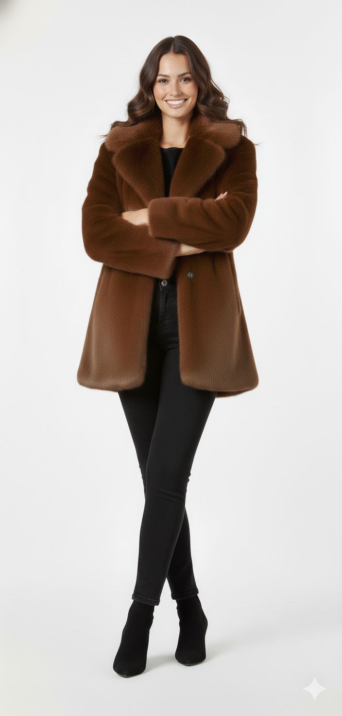 Casaco de Couro Feminino com Gola e Forro de Lã Artificial